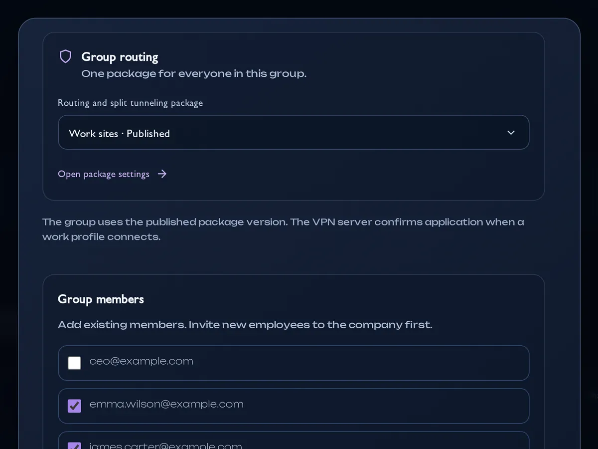 Group settings: routing package and members